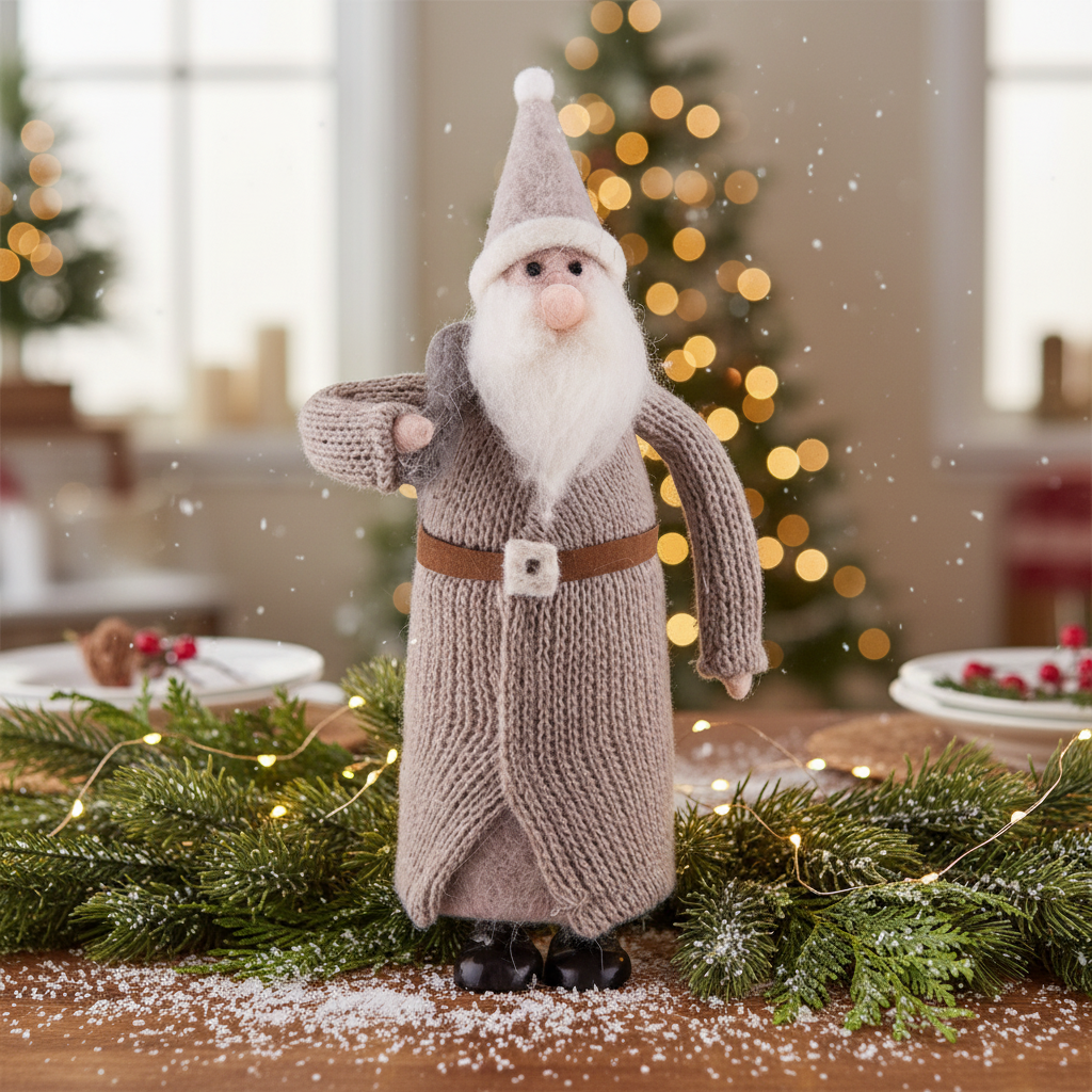 Primitive Christmas Gray wool Santa with Knit Coat and Sack 11.75" - The Primitive Pineapple Collection