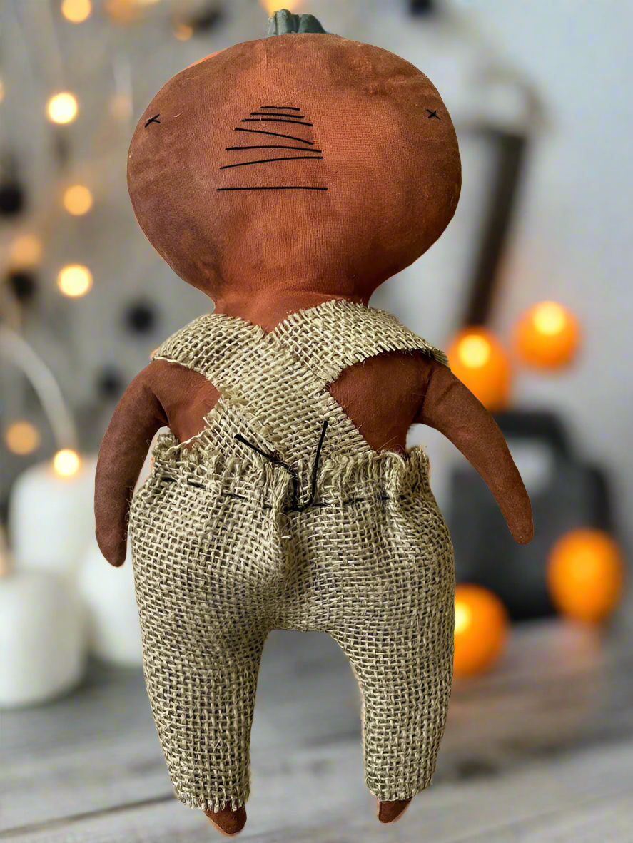 Primitive Fall Halloween Handcrafted 12" Pumpkin Man w/ Burlap Jumper - The Primitive Pineapple Collection
