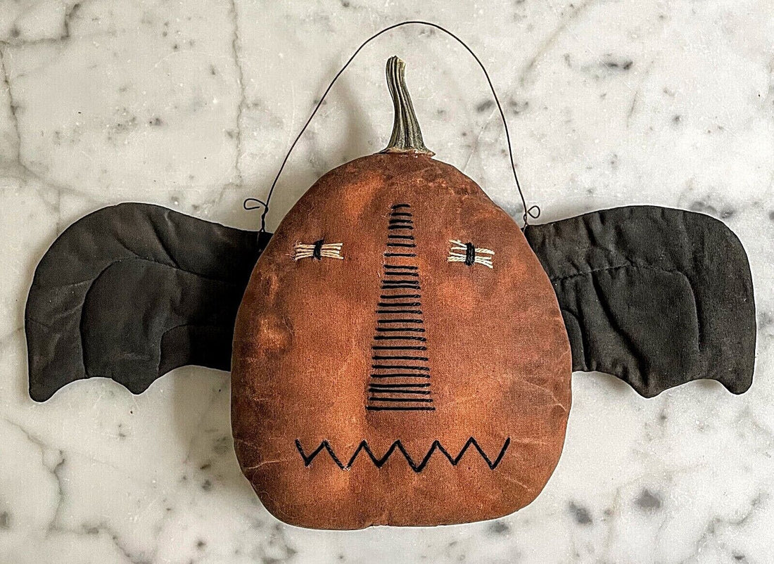 Primitive Fall Halloween Handcrafted 9&quot; Jack O Lantern w/ Bat Wings Hanger - The Primitive Pineapple Collection