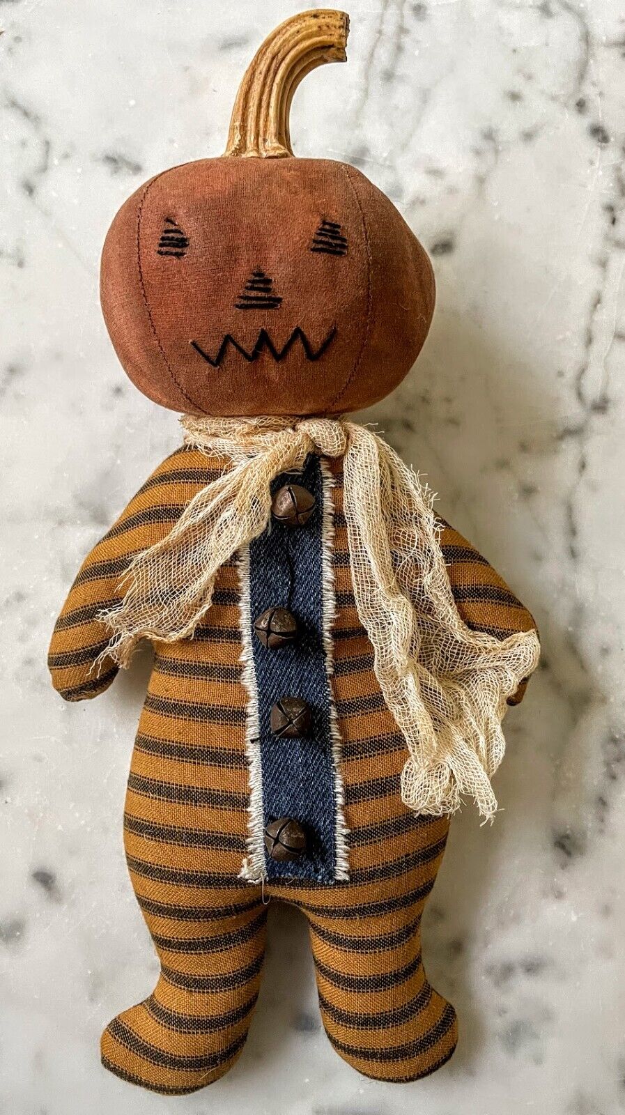 Primitive Fall Halloween Handcrafted 9&quot; Sonny Pumpkin Boy Rusty Bells - The Primitive Pineapple Collection