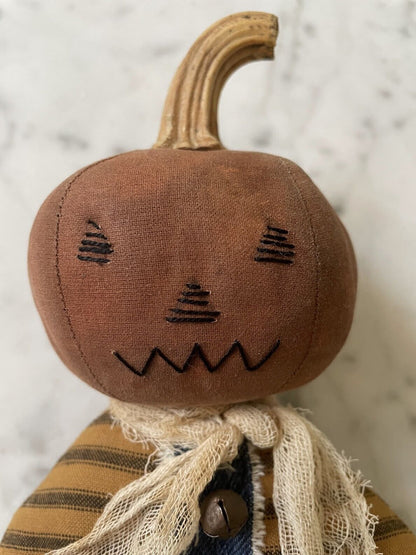 Primitive Fall Halloween Handcrafted 9&quot; Sonny Pumpkin Boy Rusty Bells - The Primitive Pineapple Collection
