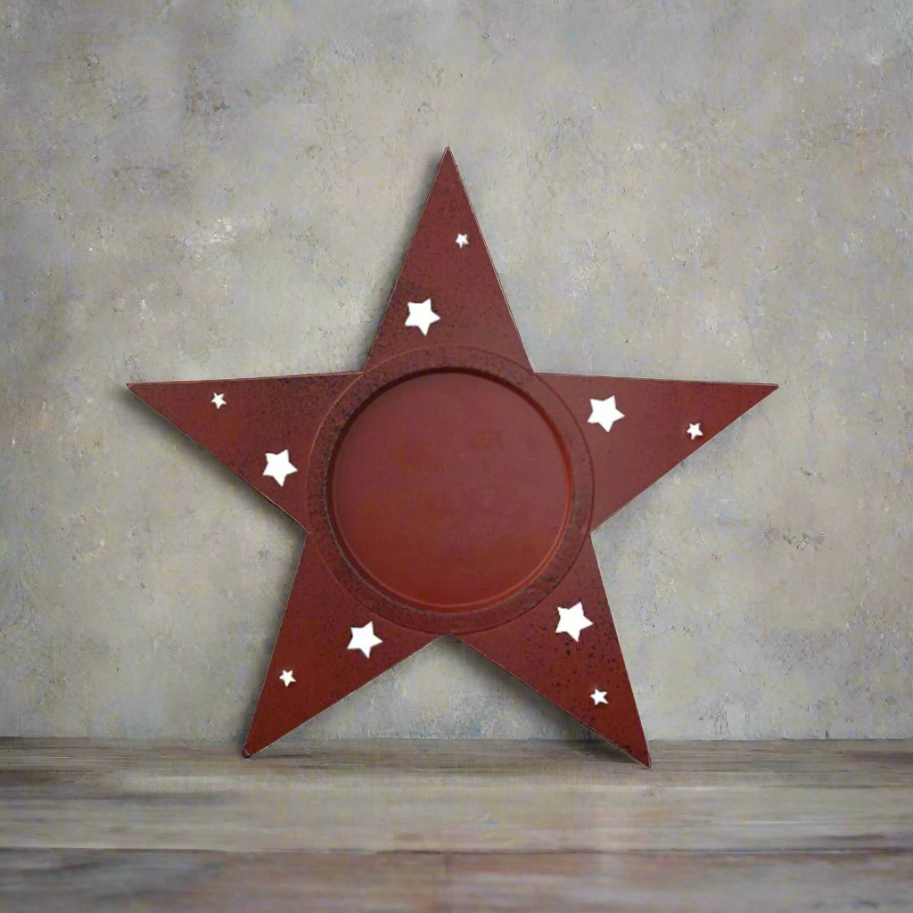Primitive Farmhouse Star Shaped Tin Candle Holder w/ Star Cut Outs, 9" - The Primitive Pineapple Collection