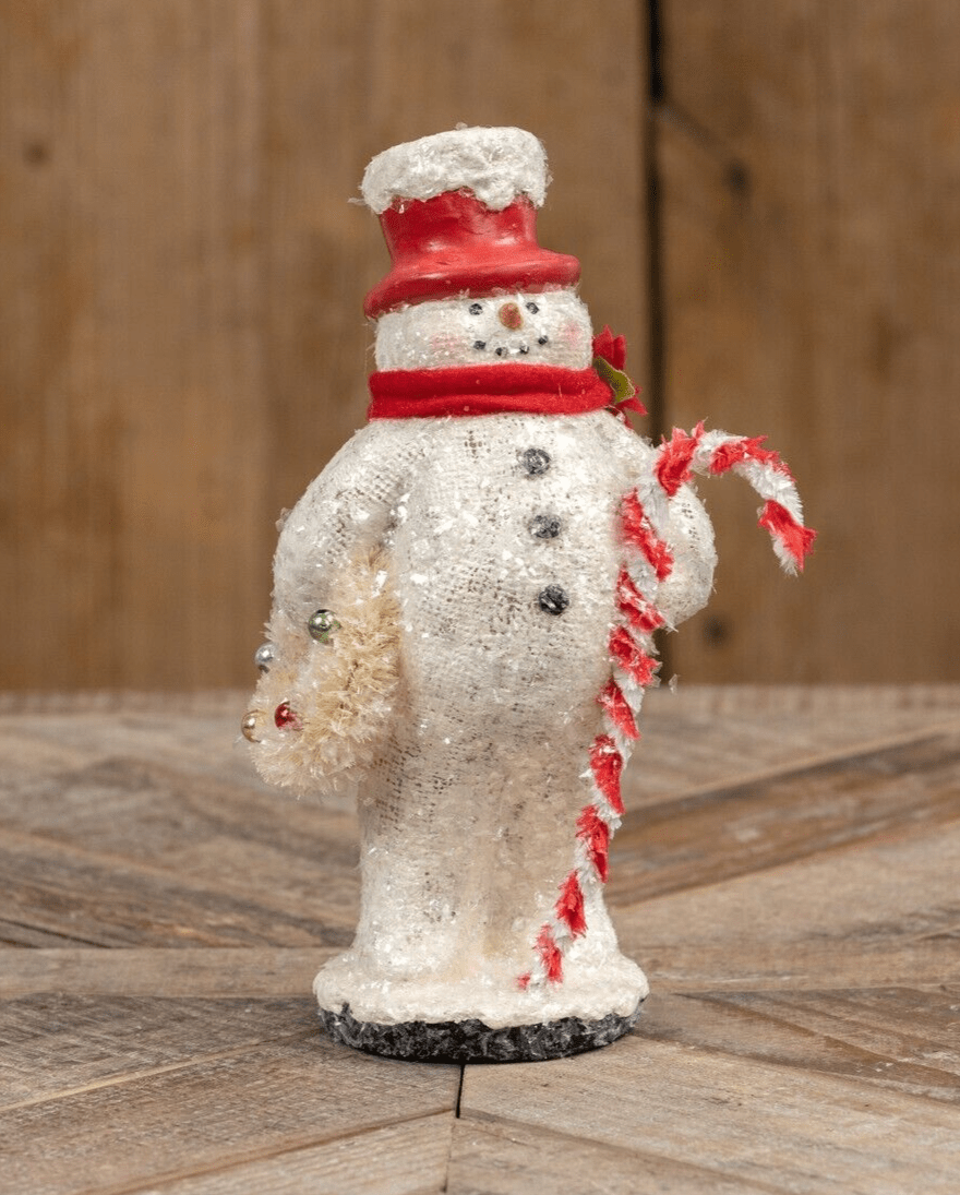 Primitive Ragon House Christmas 8.25" Vintage Look Snowman w/ Candy Cane/ Poinsettia - The Primitive Pineapple Collection