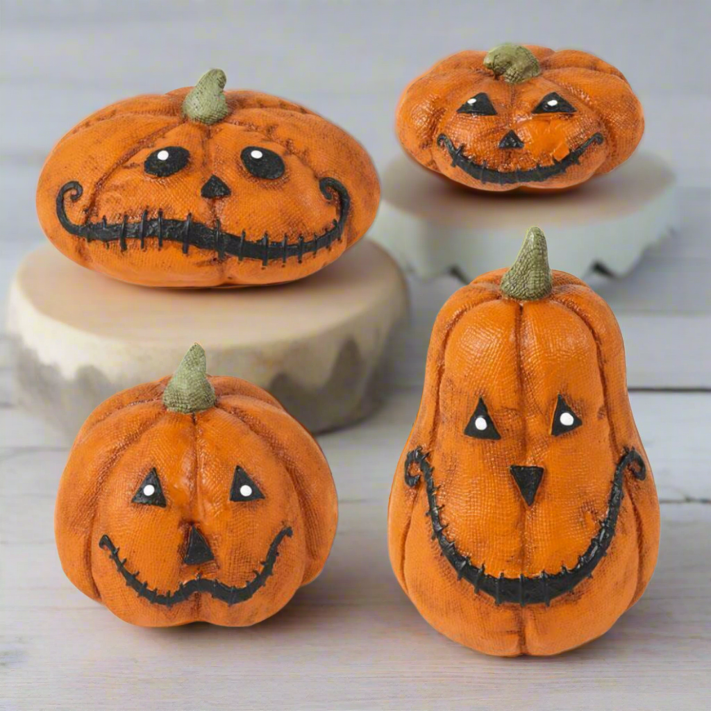 Vintage Retro Look Halloween 4 pc Grinning Jack O Lantern Figurines - The Primitive Pineapple Collection