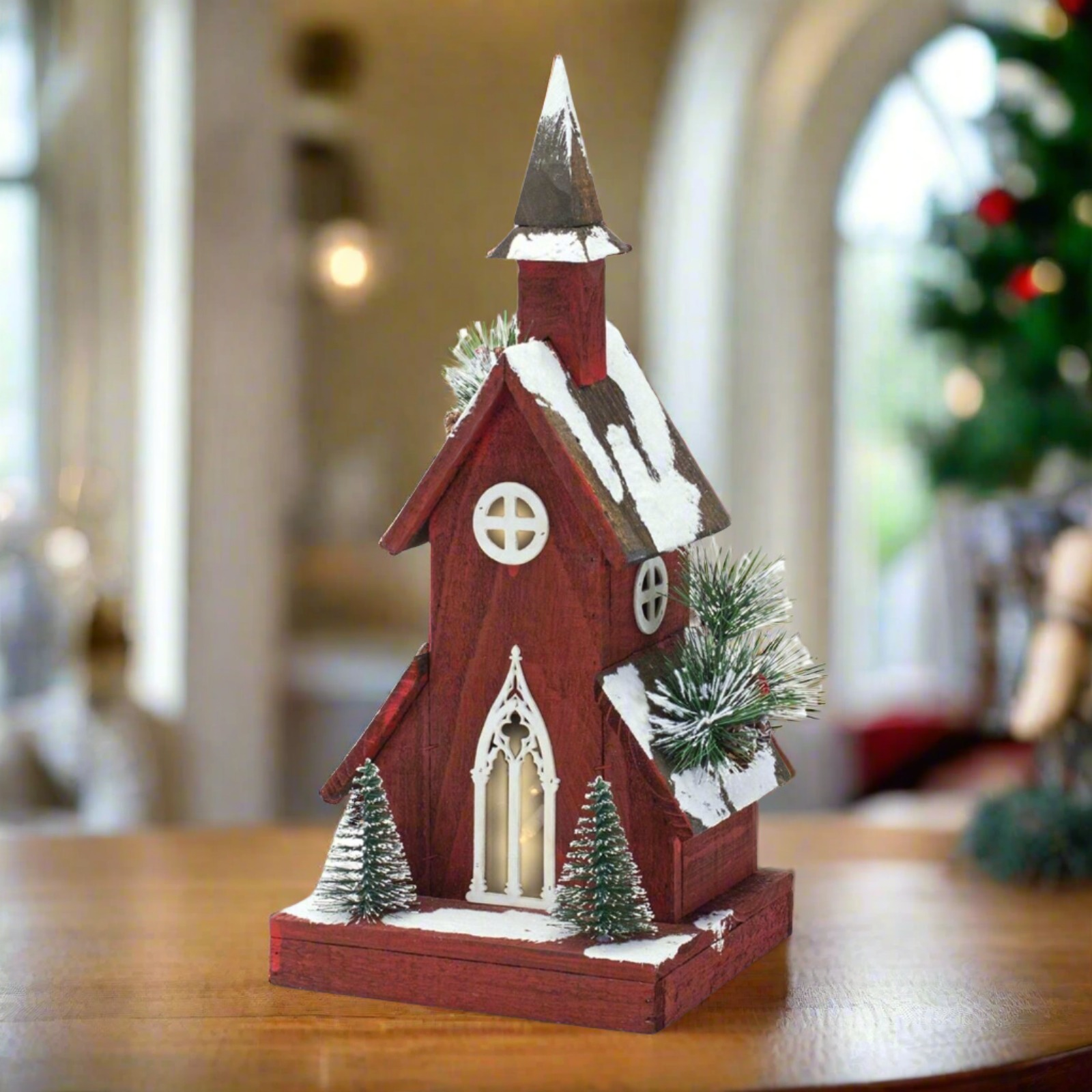 Christmas 19" Red Wood Church Lights up Battery Timer Bottle Brush Trees - The Primitive Pineapple Collection