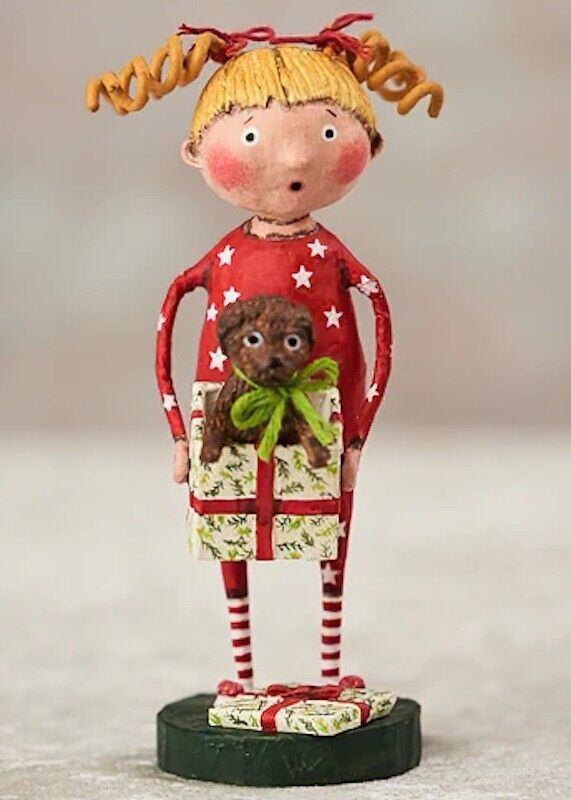 Folk Art Christmas Pup and Girl w/ Gift Figurine Lori Mitchell 14464 - The Primitive Pineapple Collection