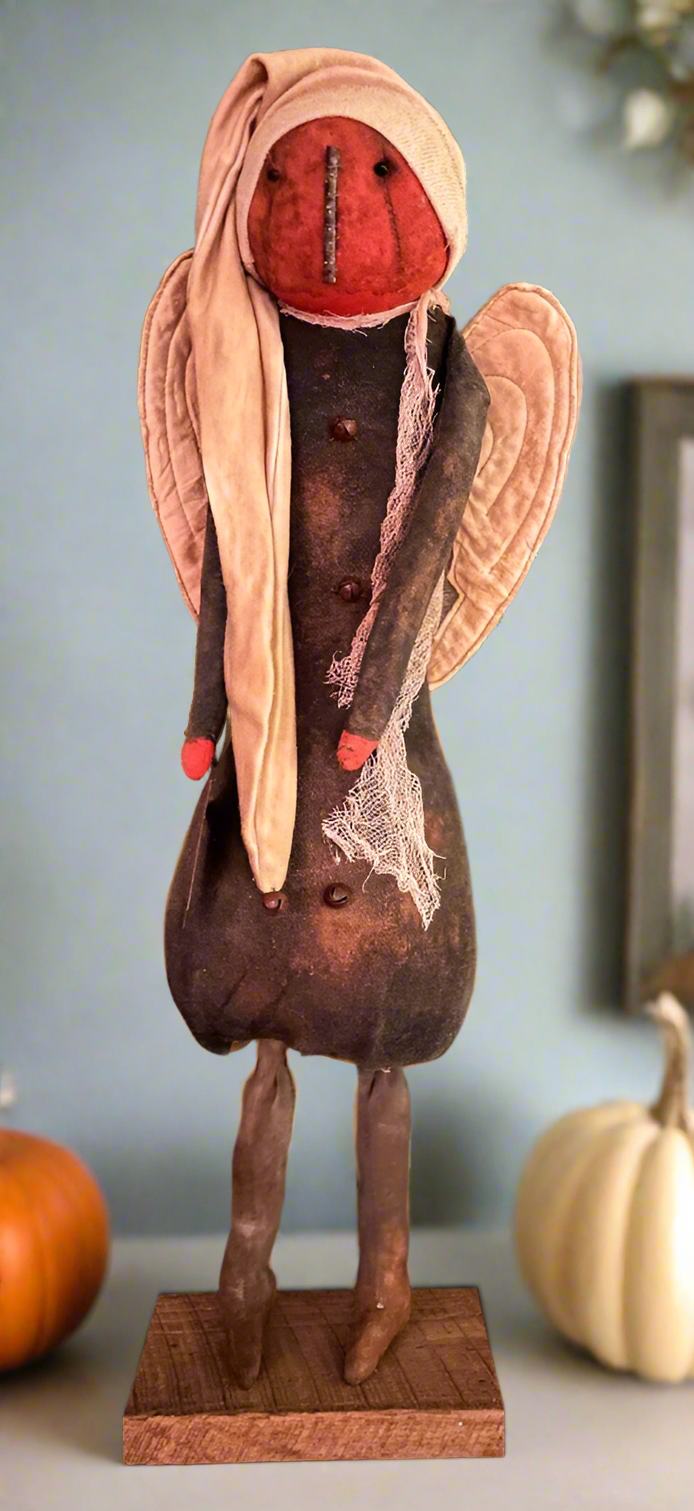 Primitive Fall Handcrafted 20" Pumpkin Angel w/ Wings on Stand - The Primitive Pineapple Collection