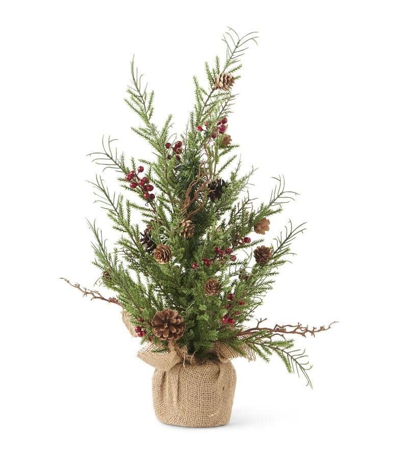 Primitive Christmas 12 " Pine Tree w/ Berries / Pinecones Burlap Base - The Primitive Pineapple Collection