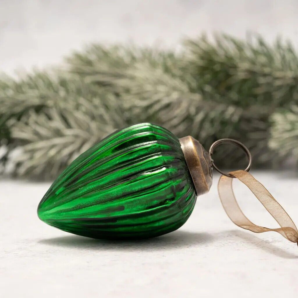 Christmas Handmade 2&quot; Medium Ribbed Glass Pinecone Christmas Bauble Ornaments - The Primitive Pineapple Collection