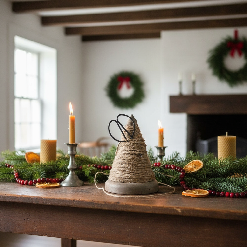 Primitive Reproduction Wood Spindle w/ Twine Scissors Farmhouse Country - The Primitive Pineapple Collection