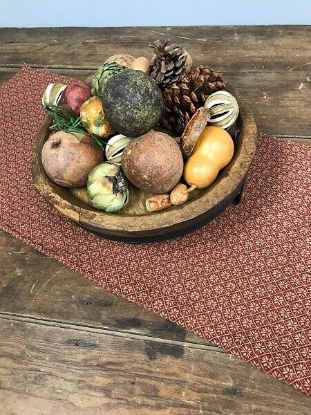 Primitive Cherry Blossom Weave Red Beige 34&quot; Square Table Topper Farmhouse - The Primitive Pineapple Collection