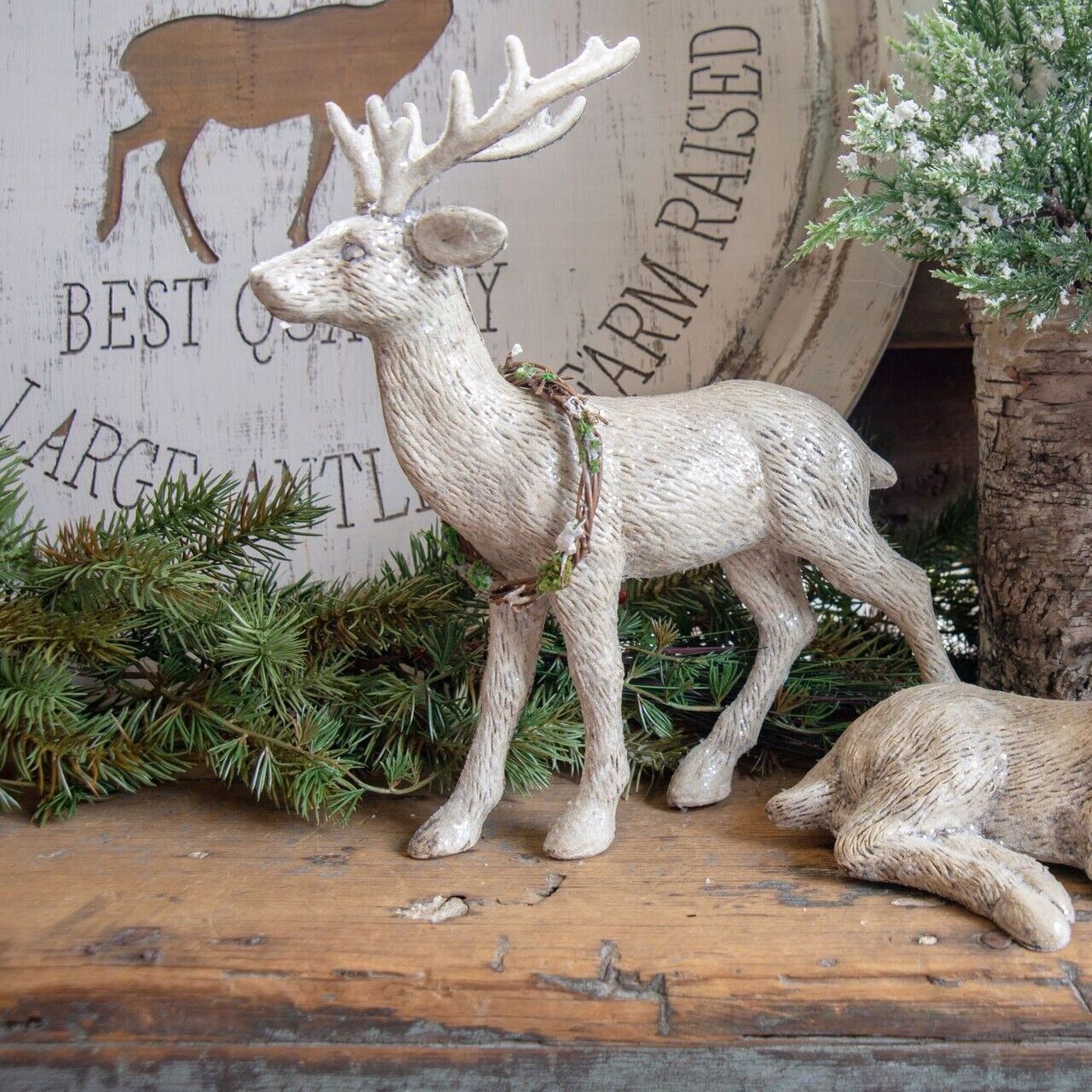 Ragon House Christmas 13" Standing Deer with Wreath Vintage/Retro Look - The Primitive Pineapple Collection