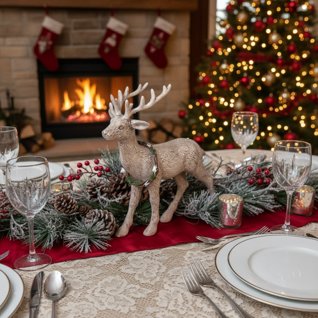 Ragon House Christmas 13" Standing Deer with Wreath Vintage/Retro Look - The Primitive Pineapple Collection