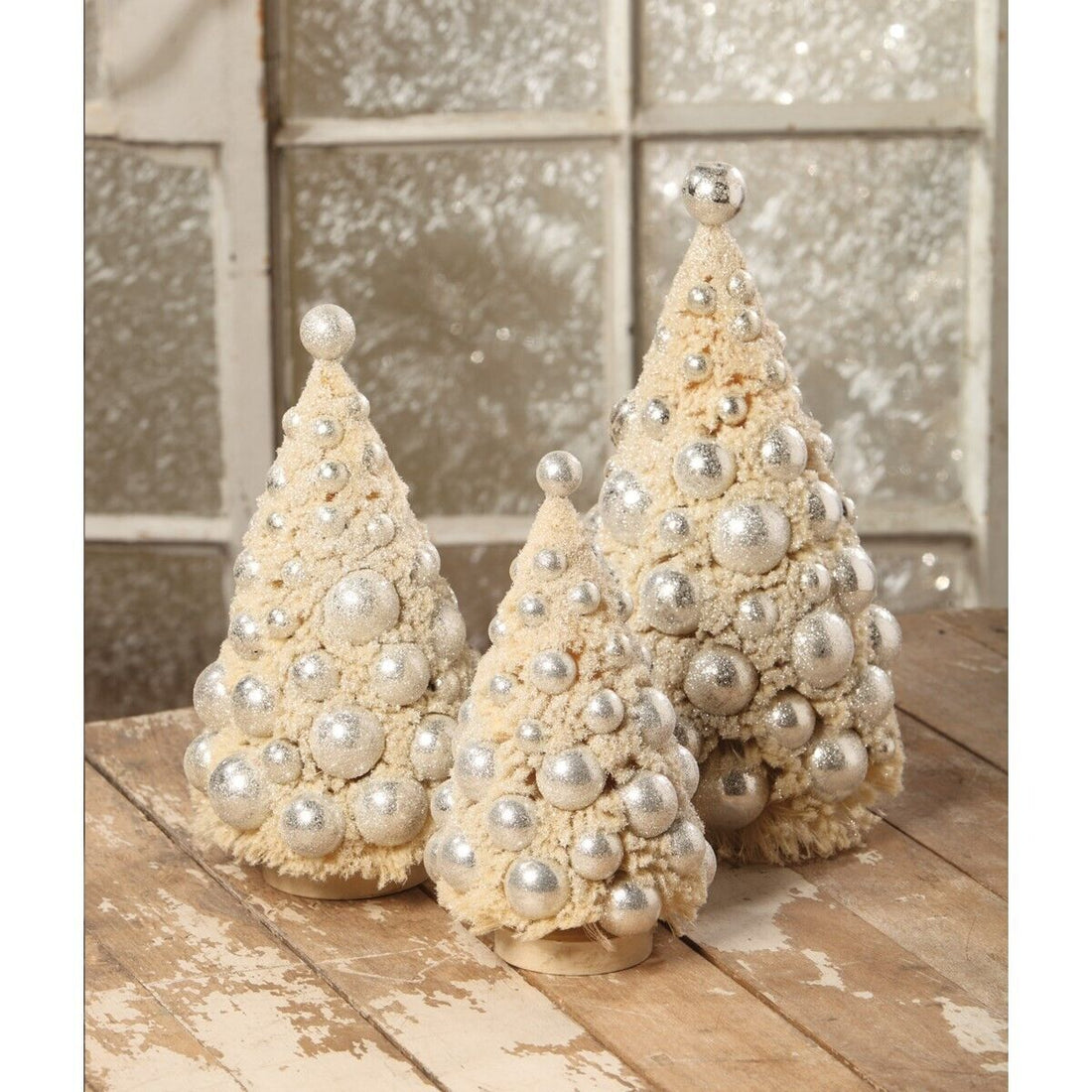 Bethany Lowe Christmas 3 pc Platinum Bottle Brush Trees LG1720 - The Primitive Pineapple Collection