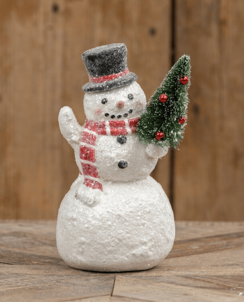 Primitive Christmas 7.75" Primitive Top Hat Snowman w/ Bottle Brush Tree - The Primitive Pineapple Collection