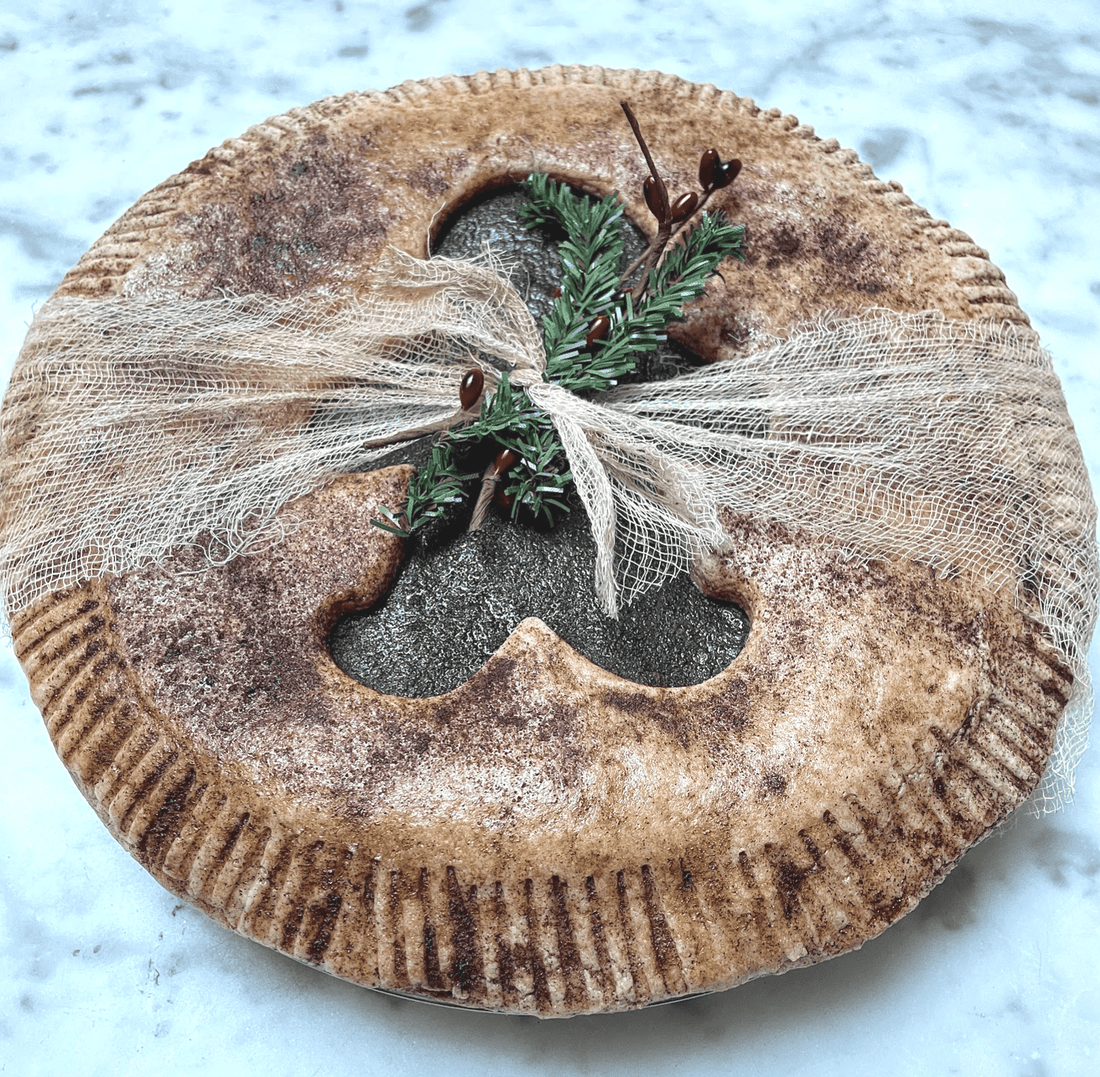 Primitive Holiday Faux Molasses Pie with Gingerbread Cut out 10” Scented - The Primitive Pineapple Collection