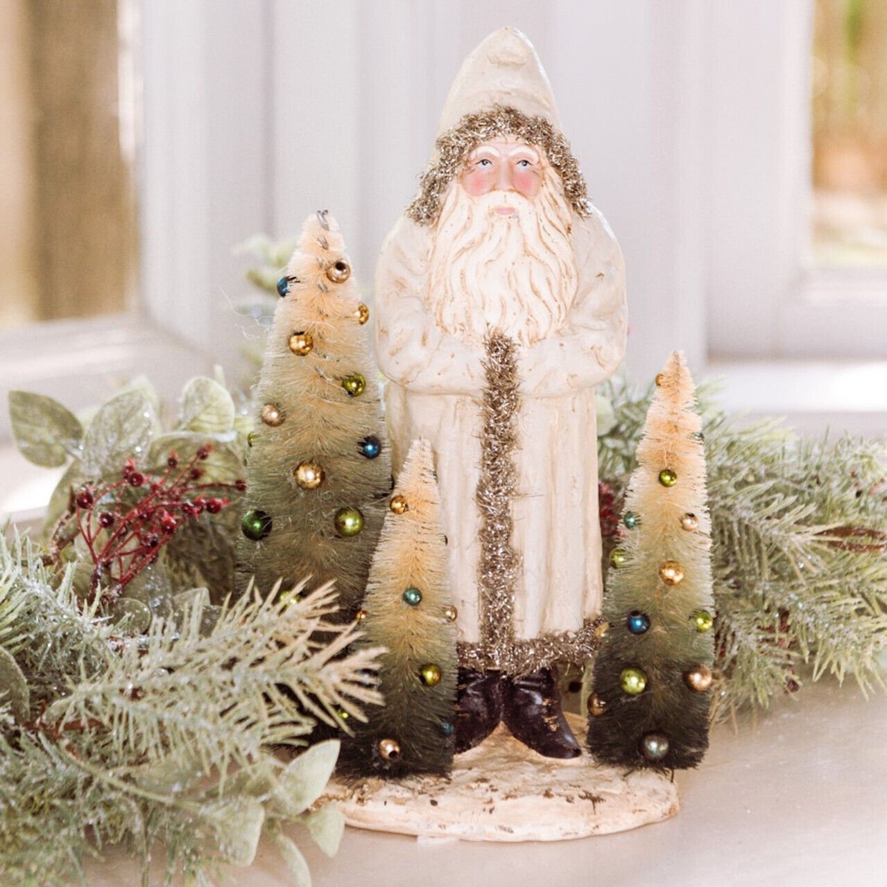Ragon House 10" White Belsnickle Santa w/Tinsel and Bottle Brush Christmas Trees - The Primitive Pineapple Collection