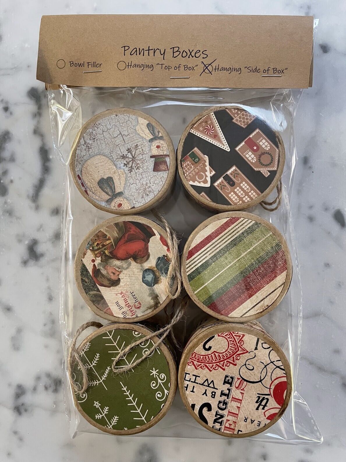 Primitive Folk art 3" Christmas Pantry Box Ornaments 6pc set