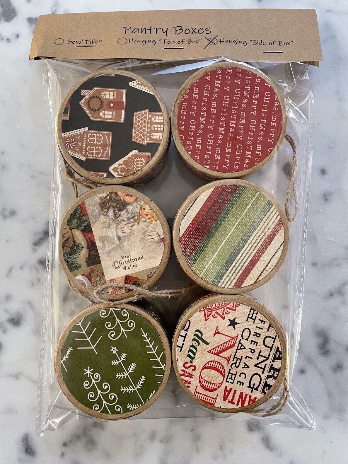 Primitive Folk art 3" Christmas Pantry Box Ornaments 6pc set