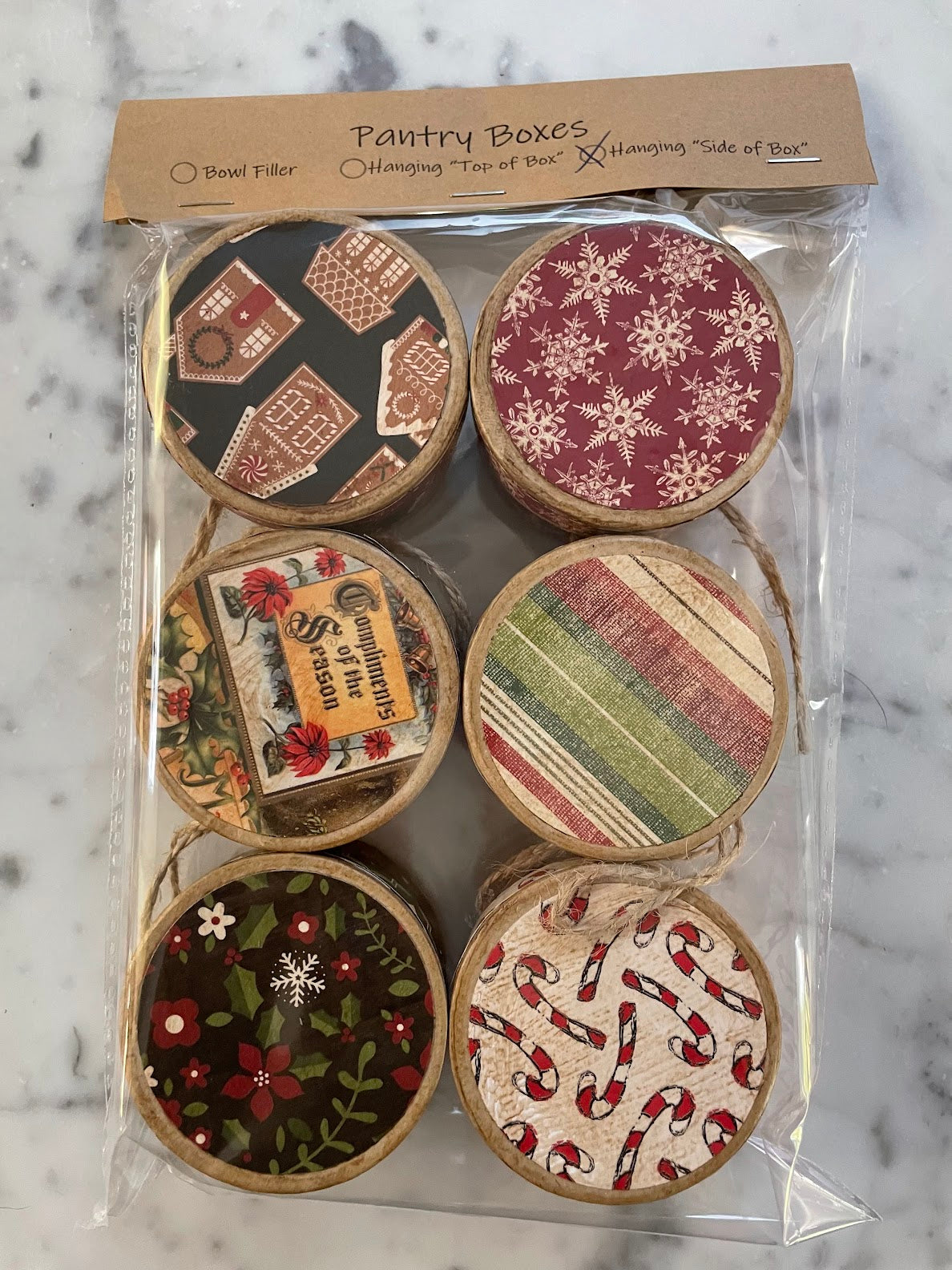 Primitive Folk art 3" Christmas Pantry Box Ornaments 6pc set