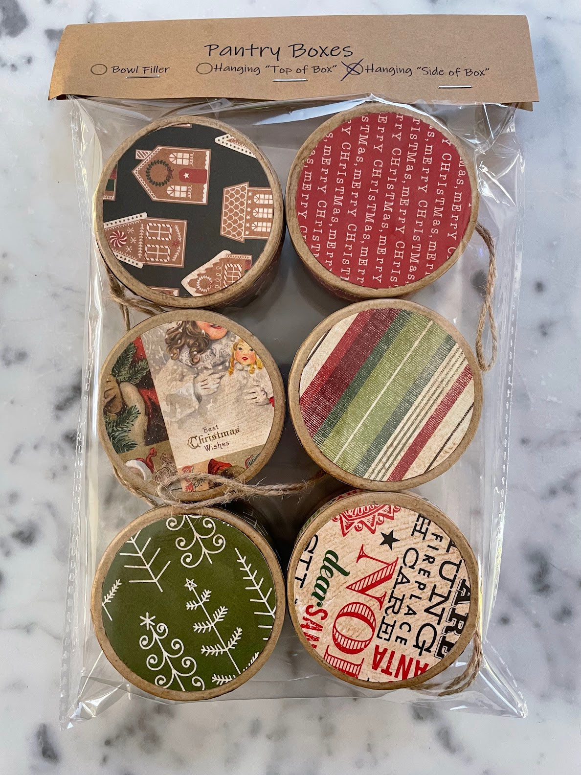 Primitive Folk art 3" Christmas Pantry Box Ornaments 6pc set