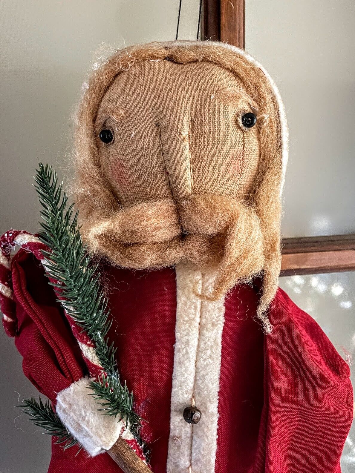 Primitive Christmas Rustic 20" Santa Doll w/ Candy Cane and Greens - The Primitive Pineapple Collection