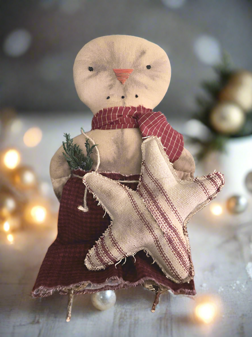 Primitive Handcrafted Frankie Flake Snowman w/ Rustic Fabric Ticking Star 18" - The Primitive Pineapple Collection