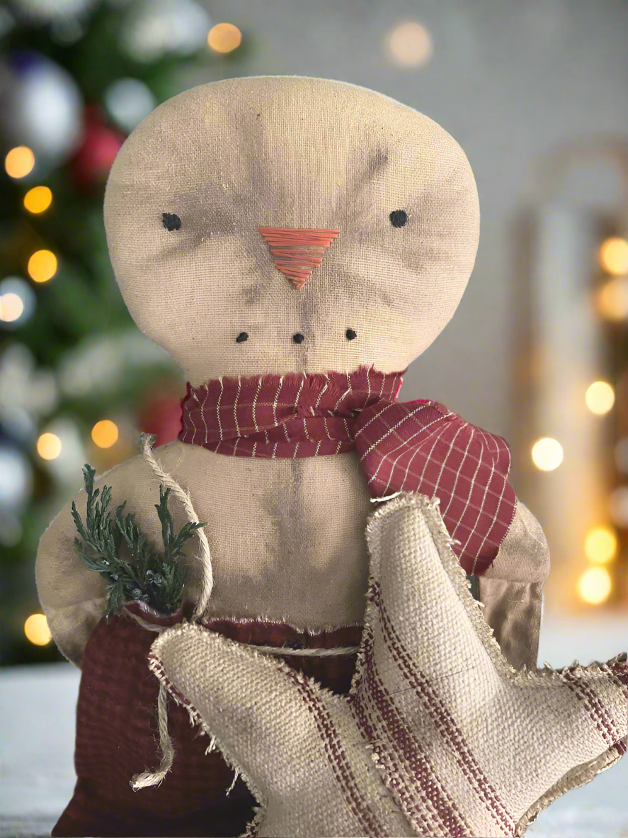 Primitive Handcrafted Frankie Flake Snowman w/ Rustic Fabric Ticking Star 18" - The Primitive Pineapple Collection