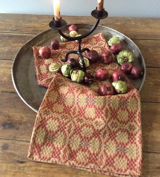 Primitive Patriots Knot Weave Cranberry,Green, Tan 34" Square Table Topper - The Primitive Pineapple Collection