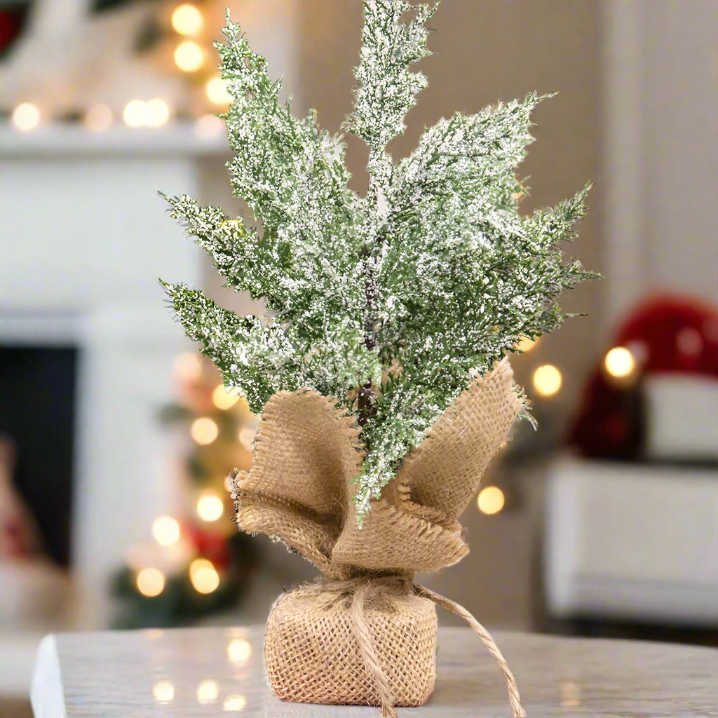 Primitive Christmas Snowy Mini Cedar Tree W/ Burlap Base, 11.5" - The Primitive Pineapple Collection