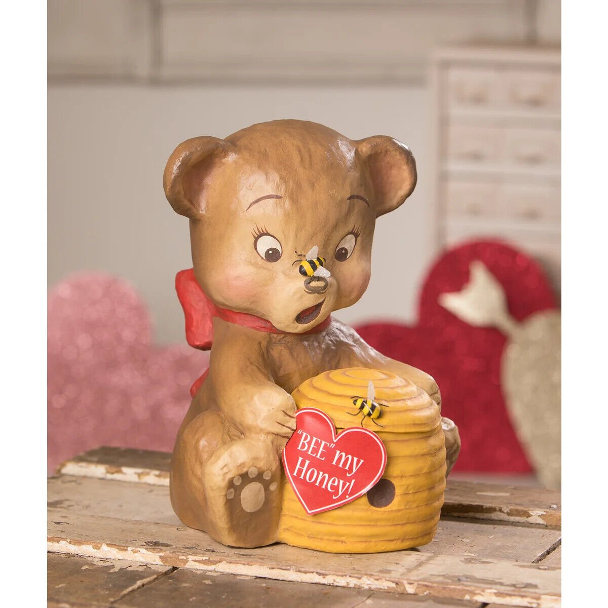 Bethany Lowe Spring Valentine Honey Bear and Bees Figurine 10" TJ1299 - The Primitive Pineapple Collection