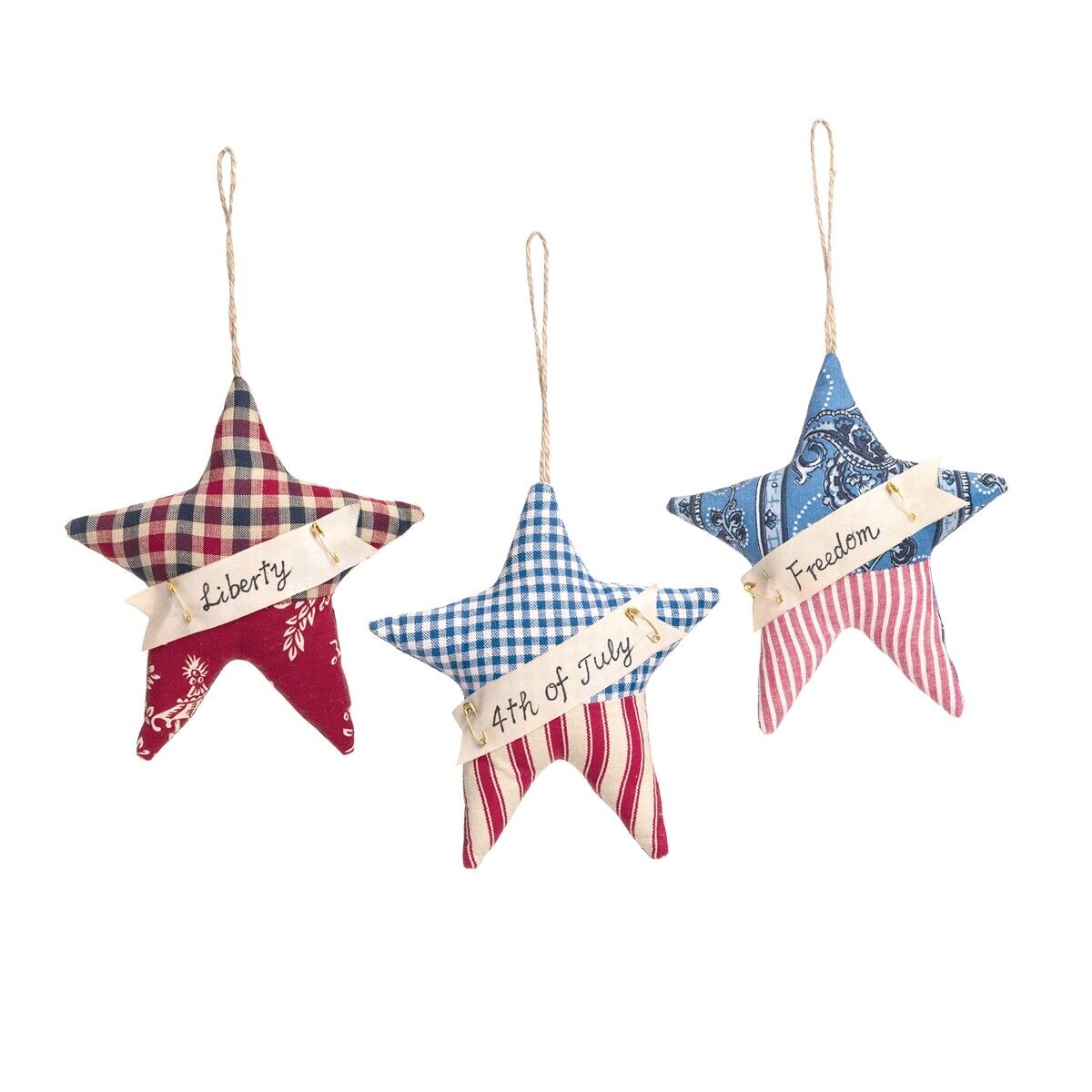 Primitive Americana 3 PC Rustic Farmhouse Fabric Hanging Star Ornies 6" - The Primitive Pineapple Collection