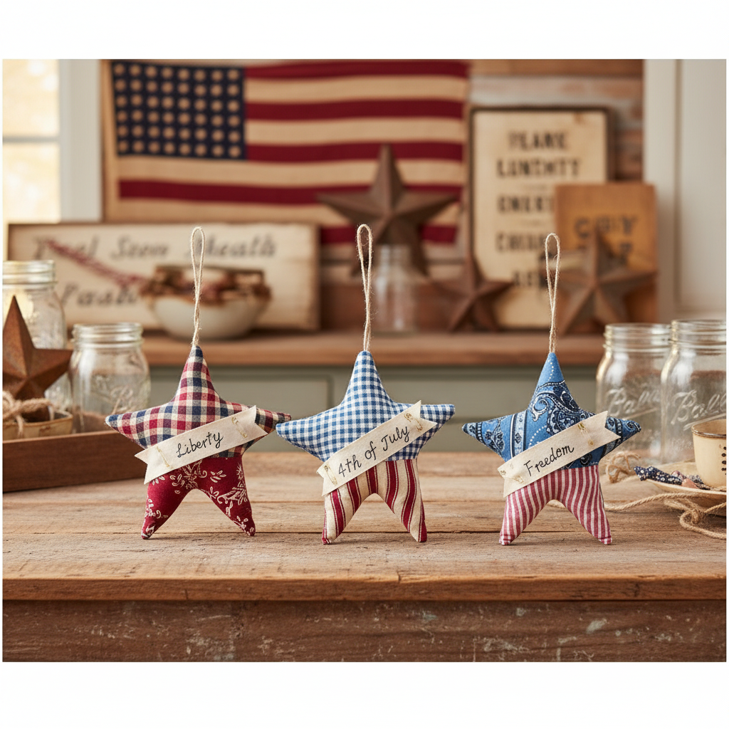 Primitive Americana 3 PC Rustic Farmhouse Fabric Hanging Star Ornies 6" - The Primitive Pineapple Collection