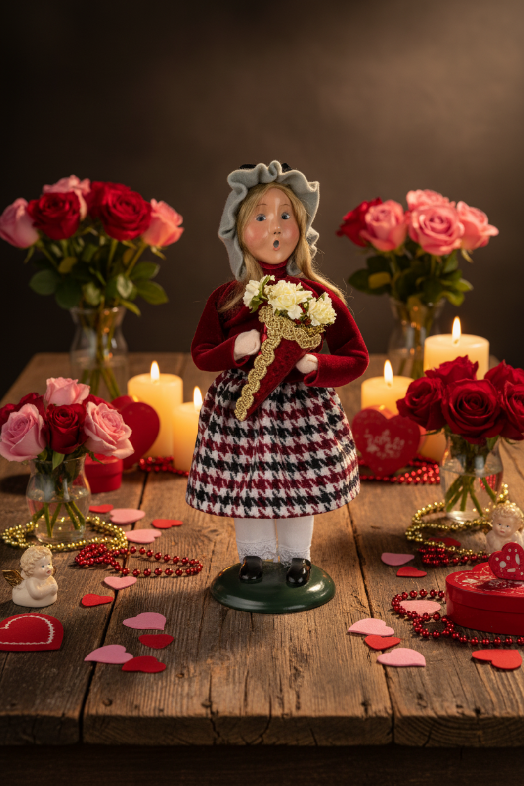 Primitive Colonial Byers Choice Valentines Day Girl w/ Flowers Caroler 2023 New - The Primitive Pineapple Collection