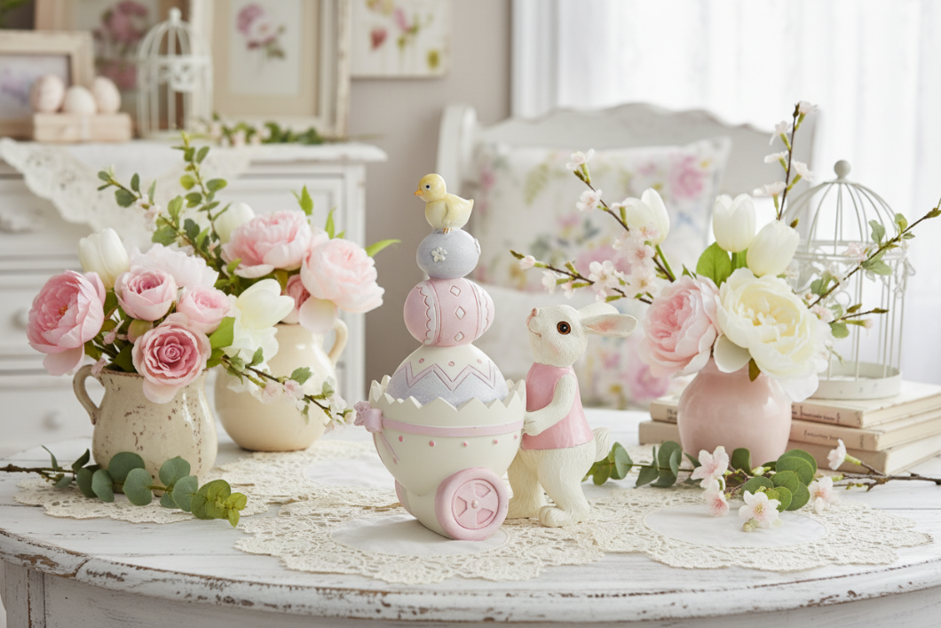 Farmhouse Country Spring Pastel Bunnies w/ Easter Egg Cart Figurine - The Primitive Pineapple Collection