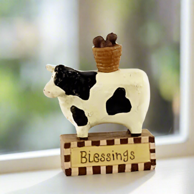 Primitive Farmhouse " Blessings" Cow and Apple Basket Block Shelf Sitter - The Primitive Pineapple Collection