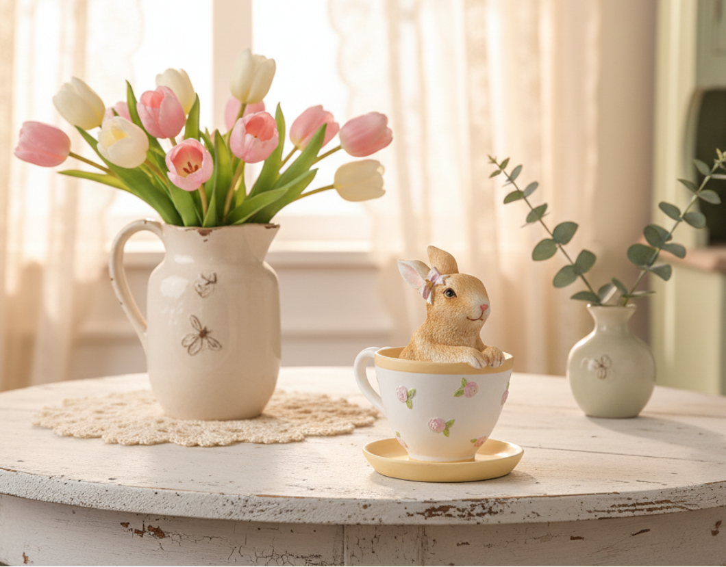 Primitive Farmhouse Pastel Easter Bunny in Teacup Figurine 6 Styles - The Primitive Pineapple Collection