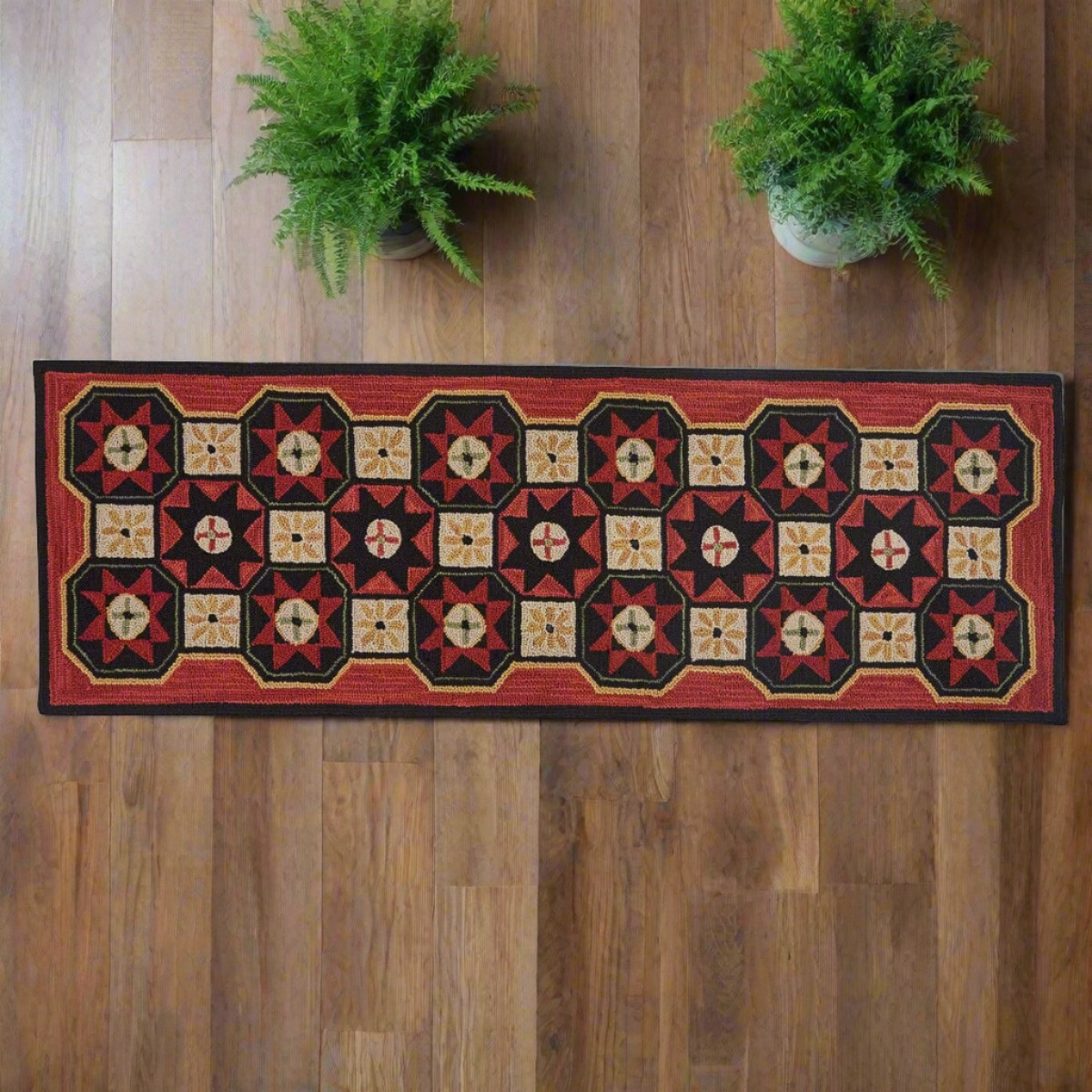 Primitive Country Folk Star Hooked Rug Runner 2&