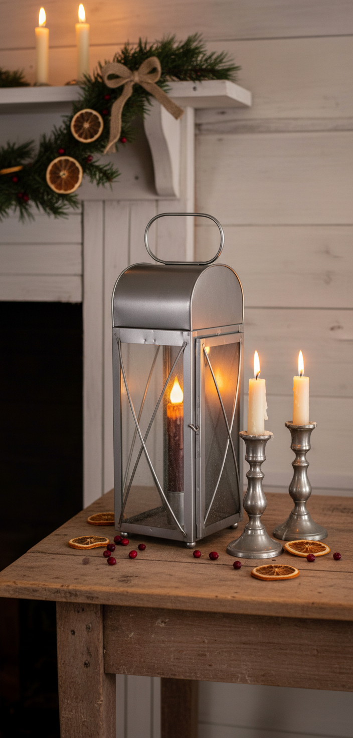 Primitive Early American 15" Antique Finish Tin Lantern w/ 7" Timer Candle - The Primitive Pineapple Collection