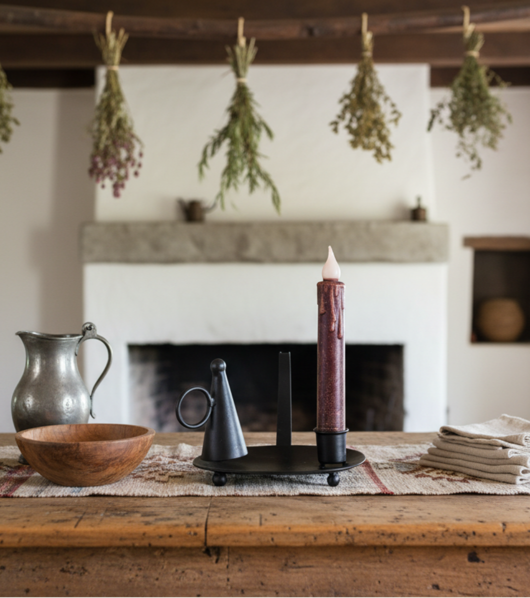 Primitive Early American Chamberstick w/ Snuffer 7" Timer Candle Included - The Primitive Pineapple Collection