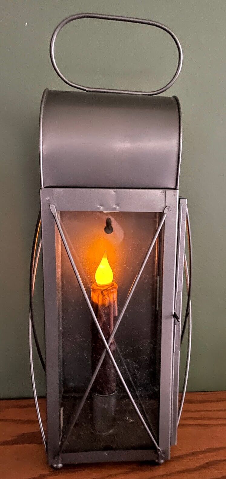 Primitive Early American 15" Antique Finish Tin Lantern w/ 7" Timer Candle - The Primitive Pineapple Collection