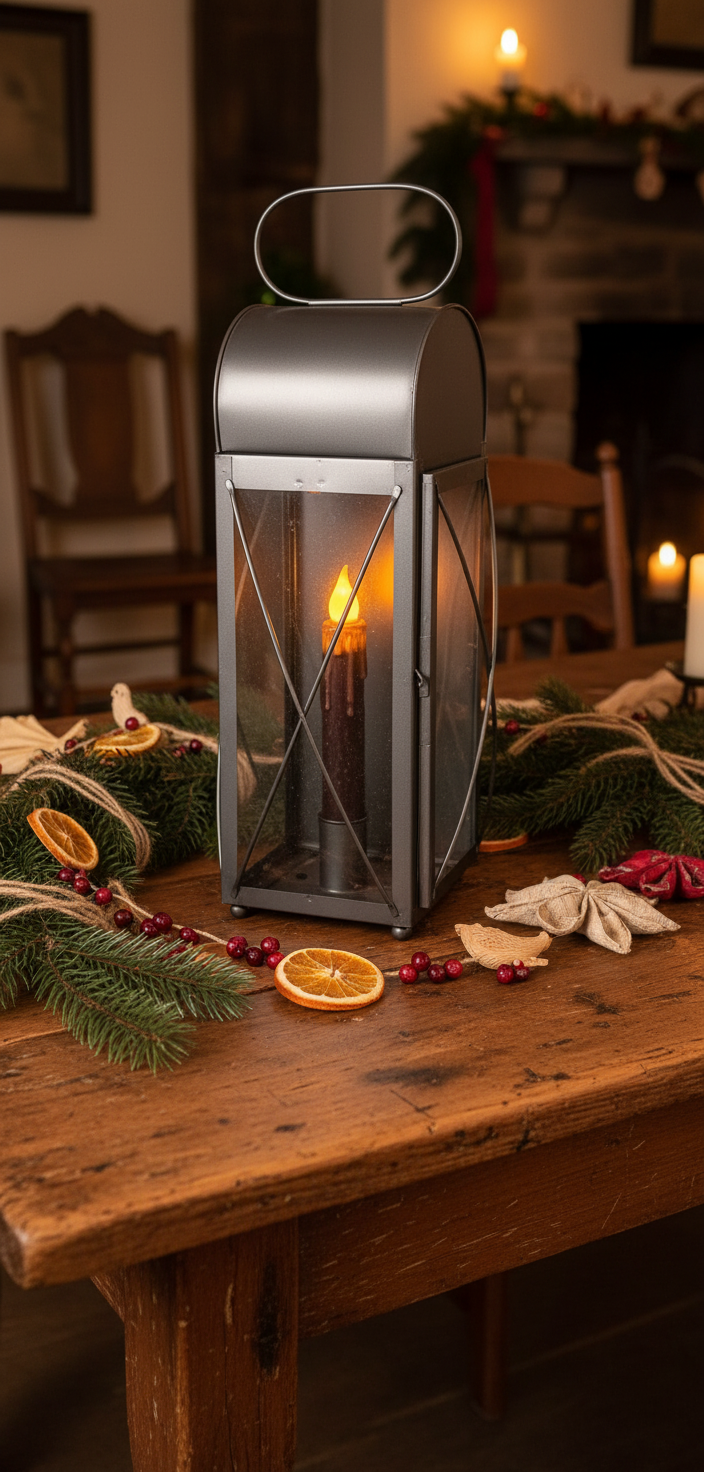 Primitive Early American 15" Antique Finish Tin Lantern w/ 7" Timer Candle - The Primitive Pineapple Collection