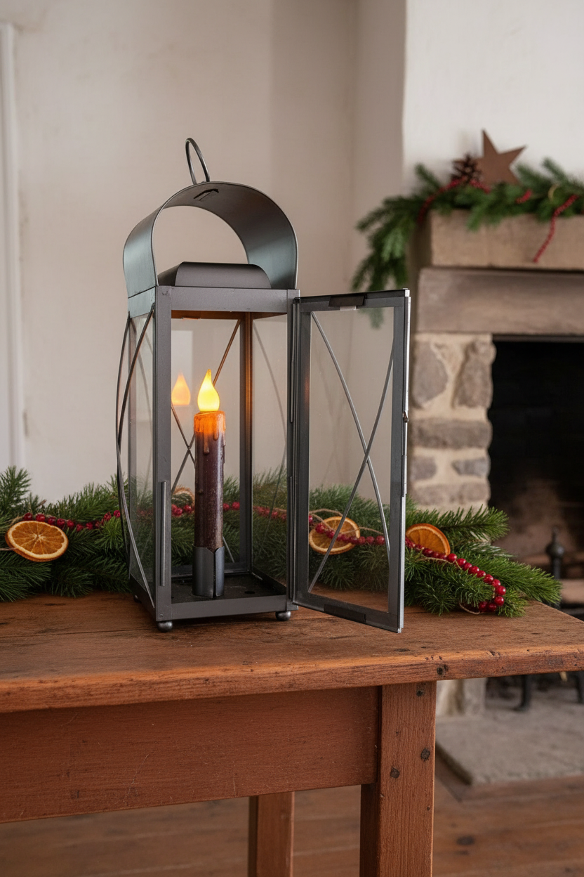 Primitive Early American 15" Antique Finish Tin Lantern w/ 7" Timer Candle - The Primitive Pineapple Collection