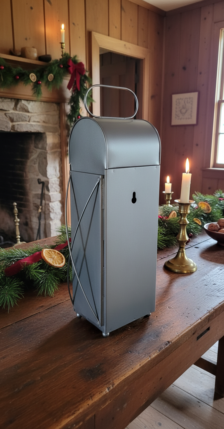 Primitive Early American 15" Antique Finish Tin Lantern w/ 7" Timer Candle - The Primitive Pineapple Collection