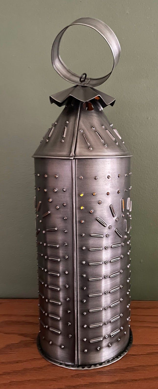Primitive Early American 13.5 Punched Tin Candle Lantern w/ 7" Timer Candle - The Primitive Pineapple Collection