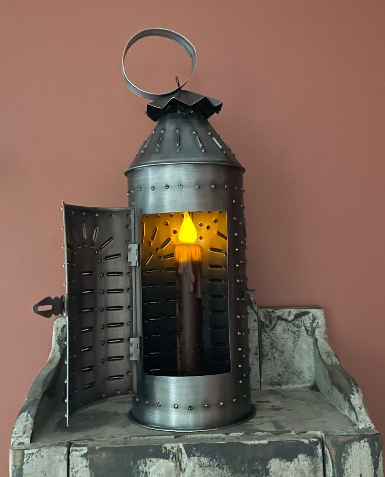 Primitive Early American 13.5 Punched Tin Candle Lantern w/ 7" Timer Candle - The Primitive Pineapple Collection