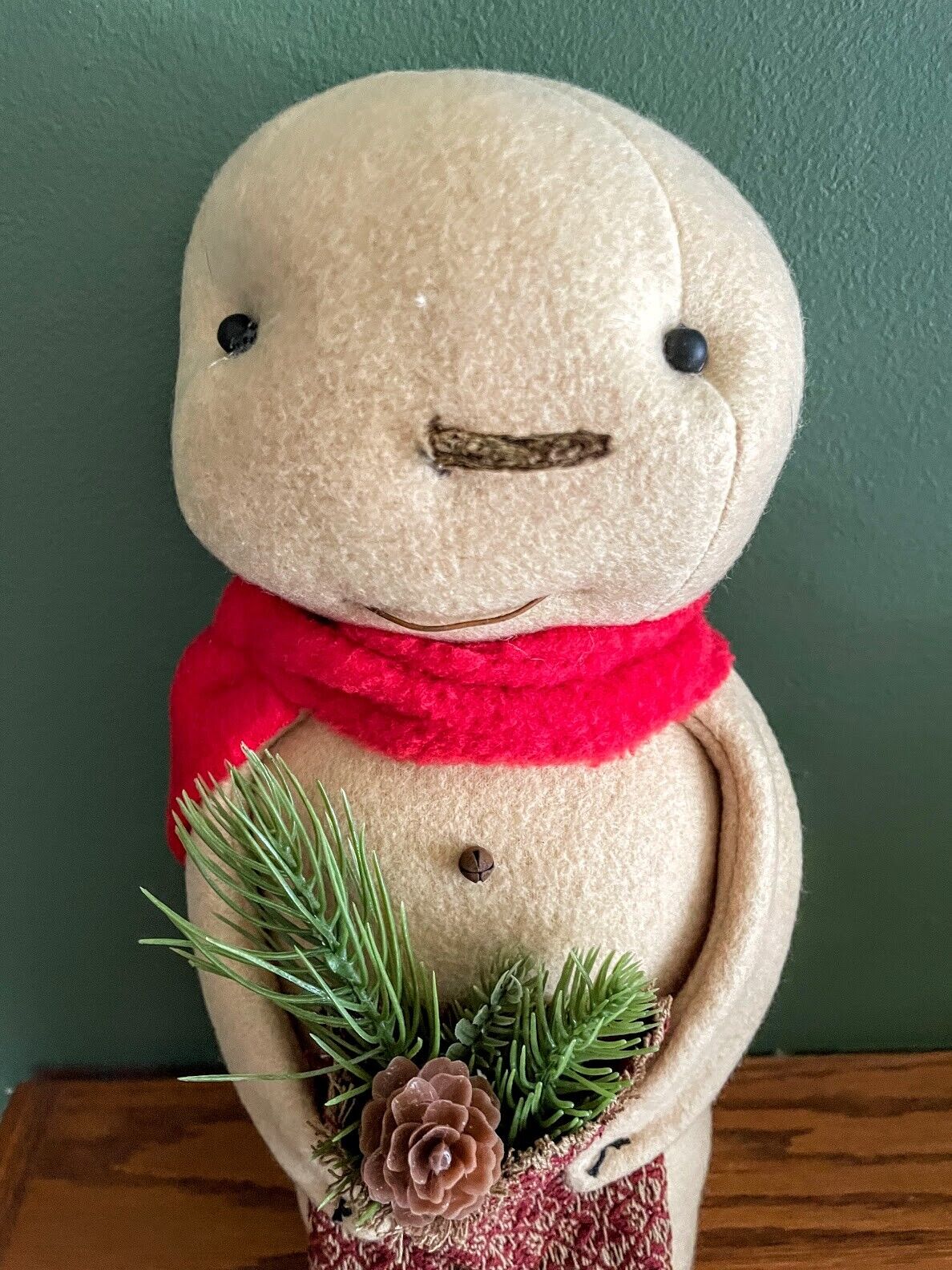 Primitive Farmhouse Felt Stump Snowman Doll Fabric Pocket Greens - The Primitive Pineapple Collection