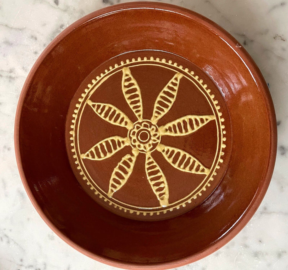 Handmade Primitive Redware Pottery Baking Dish Slipware Leaf Design 9&quot; Signed - The Primitive Pineapple Collection