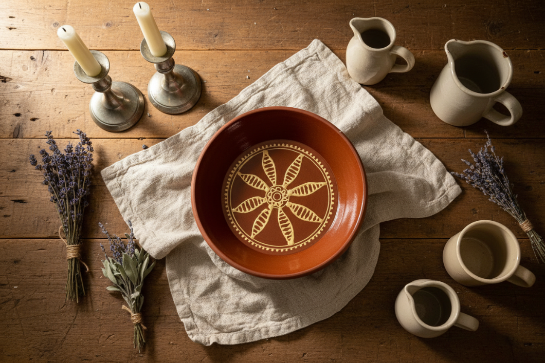 Handmade Primitive Redware Pottery Baking Dish Slipware Leaf Design 9" Signed - The Primitive Pineapple Collection