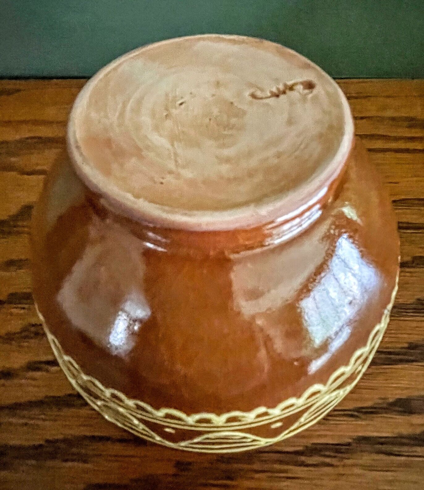 Handmade Primitive Redware Pottery Bowl with Slipware Band Design 5" Signed - The Primitive Pineapple Collection